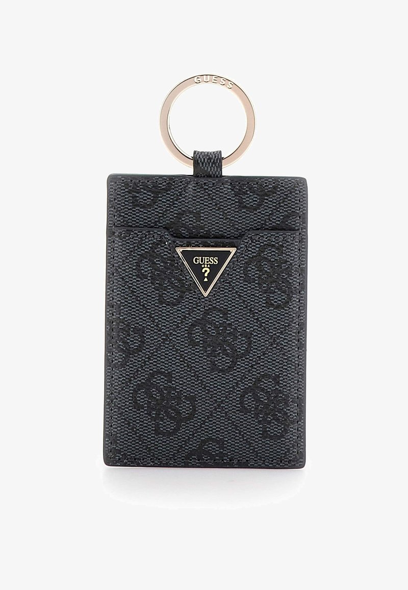 Zwart, gestructureerd kaartjeshouder met een geometrisch patroon, voorzien van een gouden ring en een driehoekige logo-plaat aan de voorkant.