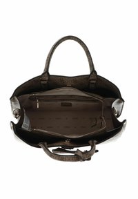 Borsa a mano marrone con motivo, dotata di due manici robusti, chiusura con zip superiore e un interno caratterizzato da più tasche e una fodera stampata con logo.