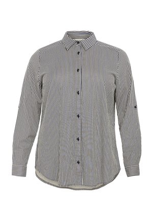 Striped button-up shirt in navy and white, featuring long sleeves, a classic collar, and black buttons down the front. Smooth, lightweight fabric.