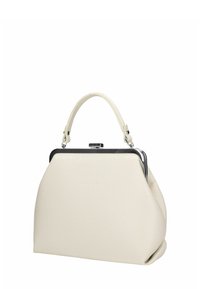 Kremowa skórzana torebka o usztywnionym kształcie, zaokrąglonym dnie i zapięciem na srebrnym metalowym ramieniu. Posiada krótką rączkę.