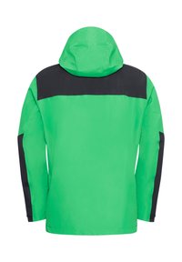 Green waterproof jacket with a black upper section and side accents. Features a hood and long sleeves; smooth, lightweight fabric.