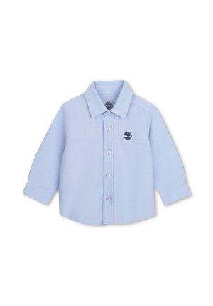 Lichtblauw lange mouwen blouse met knopen voor baby's met een kraag en een klein donker boomlogo op de linkerborst.