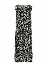 Schwarzes ärmelloses Kleid mit V-Ausschnitt, das weiße Paisley- und Rautenmuster sowie einen gestuften Saum für zusätzlichen Schwung präsentiert.