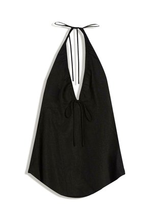 Czarny top na szyję bez rękawów, z głębokim dekoltem w serek i wiązaniami przy szyi oraz na środku pleców, rozszerzany u dołu.