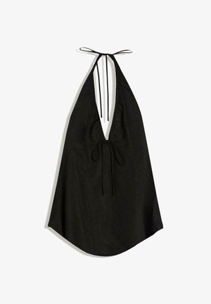 Čierny tielkový top s halter výstrihom bez rukávov s hlbokým V-výstrihom a šnúrkami pri krku a v strede chrbta, na spodnej časti rozšírený.