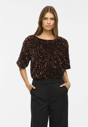 VILA, SHORT SLEEVED TOP VIFAITH SEQUIN - Blouse - dark brown