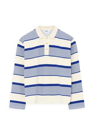 Langärmliges Poloshirt mit abwechselnden blauen und weißen horizontalen Streifen, aus weichem Stoff, mit klassischem Kragen und Knopfdetails.