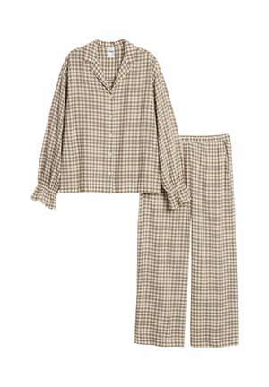 Beige og hvide ternet pyjamas med lange ærmer og knapper foran, med matchende bukser med vide ben.