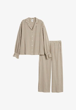 Beigen ja valkoisen ruutukuvioinen pitkähihainen napillinen pyjamapaita, jossa on vastaavat leveälahkeiset housut.