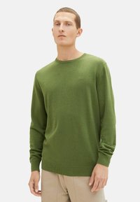 Grön stickad tröja med lång ärm, rund halsringning och ribbad nederkant. Mjuk textur med subtila färgvariationer. Inga synliga mönster eller detaljer.