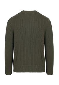 Maglione a coste in verde scuro, con collo a giro e maniche lunghe, caratterizzato da una finitura testurizzata e polsini e orlo aderenti.