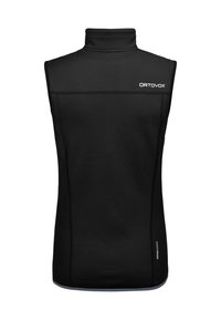 Schwarze ärmellose Weste mit hohem Kragen, aus glattem Stoff gefertigt. Verfügt über ein Logo auf der Brust und kontrastierende Besätze am Saum.