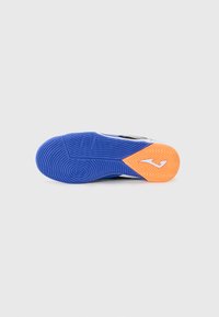 Shoe sole, predominantly blue with a textured pattern. Features an orange section at the heel and a white logo on the side.