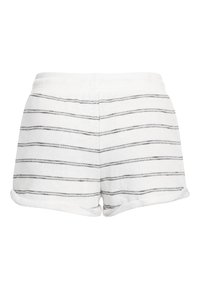 Weiße Shorts mit horizontalen schwarzen Streifen, aus weichem, strukturiertem Stoff mit umgeschlagenen Säumen und einem elastischen Bund.