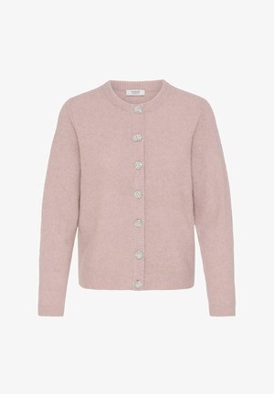 Hellrosa Strickjacke mit rundem Ausschnitt, gerippten Bündchen und Saum sowie sechs dekorativen Knöpfen mit floralem Design. Weicher Stoff, lässige Passform.