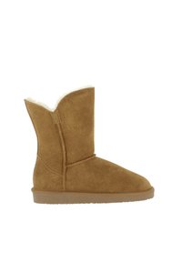 Bruna mockaskor anklar med en foder av shearling, rund tå och en något avsmalnande topp. Sulan är platt och texturerad.