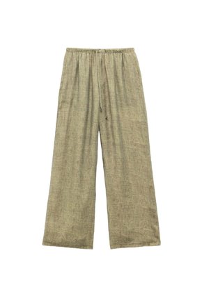 Helle olivgrüne weite Hosen mit elastischem Bund und Kordelzug, aus leichtem, strukturiertem Stoff gefertigt.