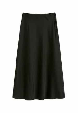 Czarna, średniej długości spódnica wykonana z gładkiego materiału; ma lekko fason w kształcie litery A i elastyczną talię dla wygody.