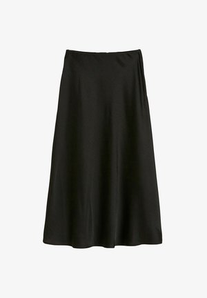 Sort, mellemlang nederdel lavet af et glat stof; har en let A-formet silhouette og en elastisk talje for komfort.