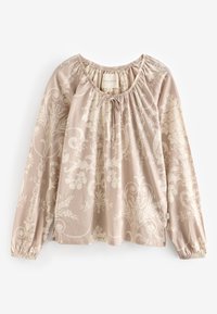 Halenka s dlouhým rukávem z měkké béžové látky s květinovým a vinným vzorem, kulatým výstřihem a nařasenými manžetami, s mašlí u výstřihu.