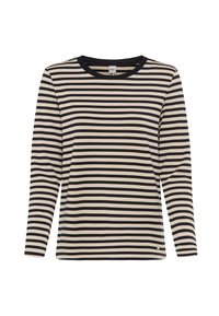 Langarmshirt met een ronde hals, in roomkleur en zwart horizontale strepen. Gemaakt van zachte stof, met een klein logo aan de onderrand.