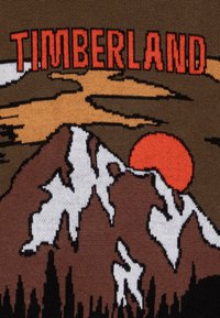 Maglione lavorato a maglia con un paesaggio montano caratterizzato da cime innevate bianche, vette marroni, un sole rosso e la parola "TIMBERLAND" in grassetto, caratteri arancioni.