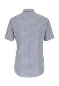 Kurzarmhemd mit geometrischem Muster in Marineblau und Weiß. Mit Kragen, leichtem Stoff und lässiger Passform.