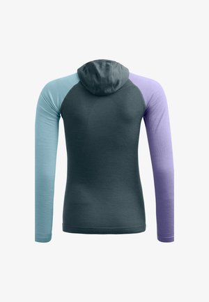 Hooded long-sleeve shirt featuring a dark body, light blue left sleeve, and purple right sleeve. Smooth texture with ribbed details.