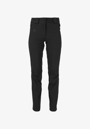 Pantalons noirs d'extérieur à coupe slim, fabriqués en tissu léger. Comprend deux poches avant, deux boutons et un discret logo sur la cuisse gauche.
