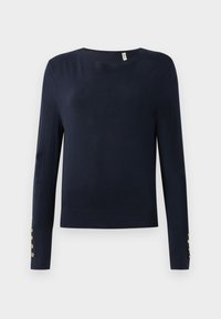 Granatowy sweter z długim rękawem, wykonany z dzianiny, z okrągłym dekoltem i guzikami na mankietach. Gładka tekstura i dopasowany krój.