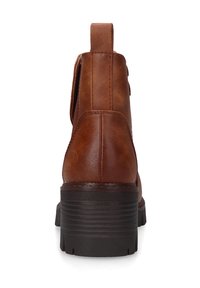 Braune Leder-Stiefelette mit runder Form, genähten Akzenten, Zuglasche und einer strukturierten schwarzen Gummisohle mit Blockabsatz.