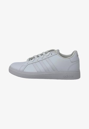 White synthetic sneakers with gray accents, featuring a smooth upper, six eyelets, and three stripe design on the side. Rubber sole.