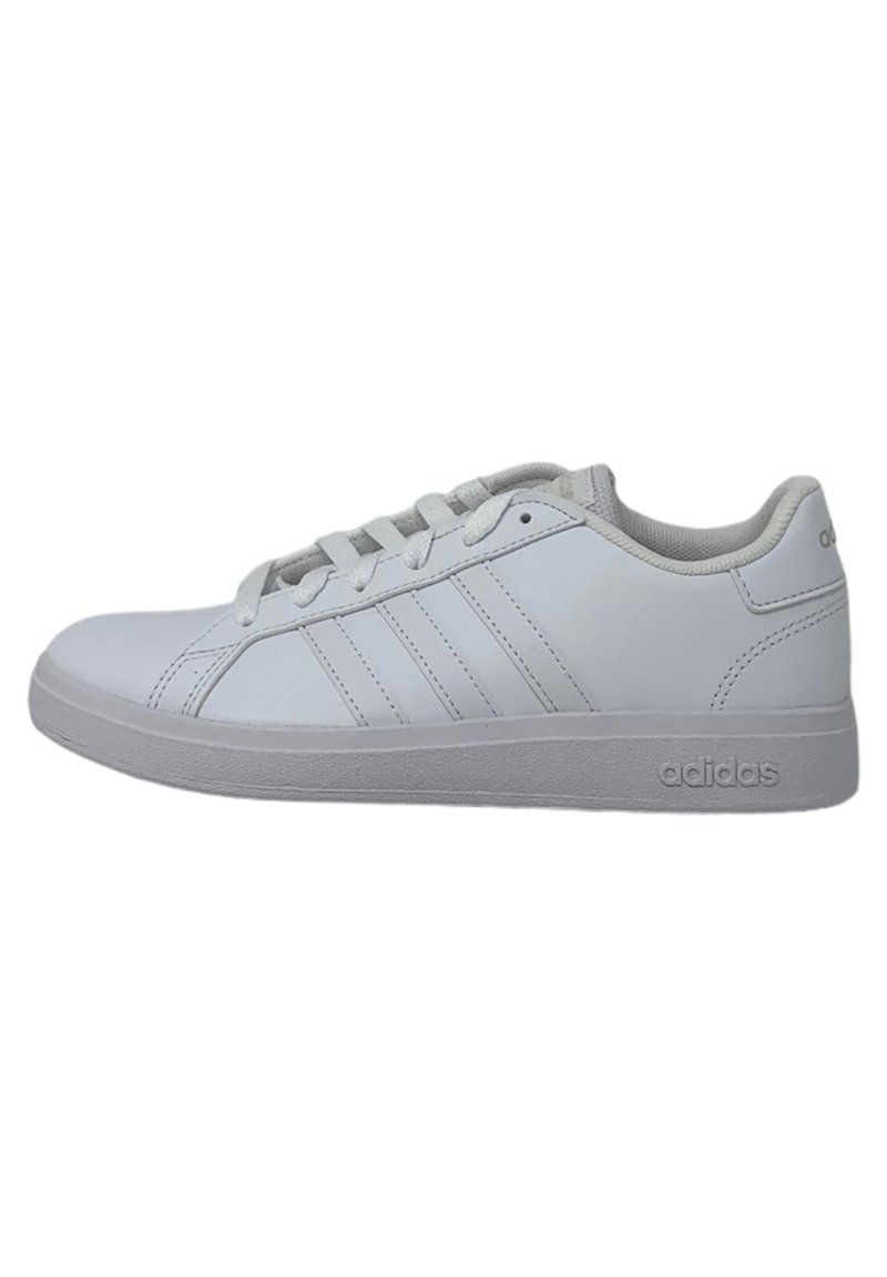 White synthetic sneakers with gray accents, featuring a smooth upper, six eyelets, and three stripe design on the side. Rubber sole.