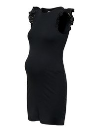 Robe de maternité noire ajustée sans manches avec des détails en dentelle à volants sur les bretelles et un col rond.