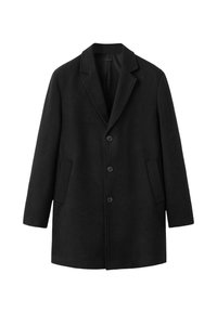 Abrigo negro de lana con solapa muesca, tres botones, dos bolsillos laterales y silueta recta. Textura suave y diseño a medida.