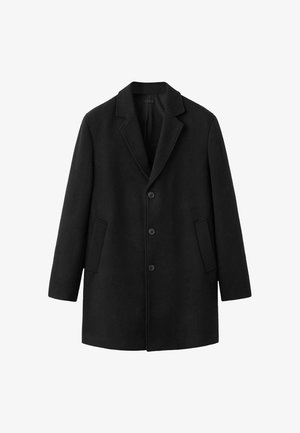 Black wool coat with a notched lapel, three buttons, two side pockets, and a straight silhouette. Smooth texture and tailored design.