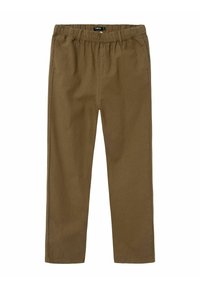 Bruine casual broek met elastische tailleband, riemlussen en zijzakken, weergegeven op een witte achtergrond.