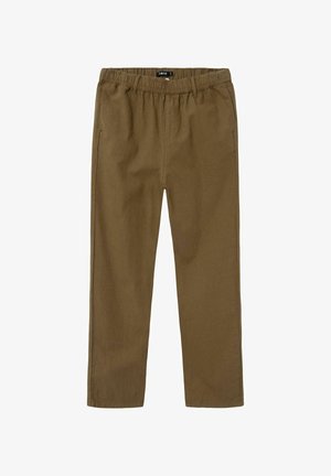 Bruine casual broek met elastische tailleband, riemlussen en zijzakken, weergegeven op een witte achtergrond.