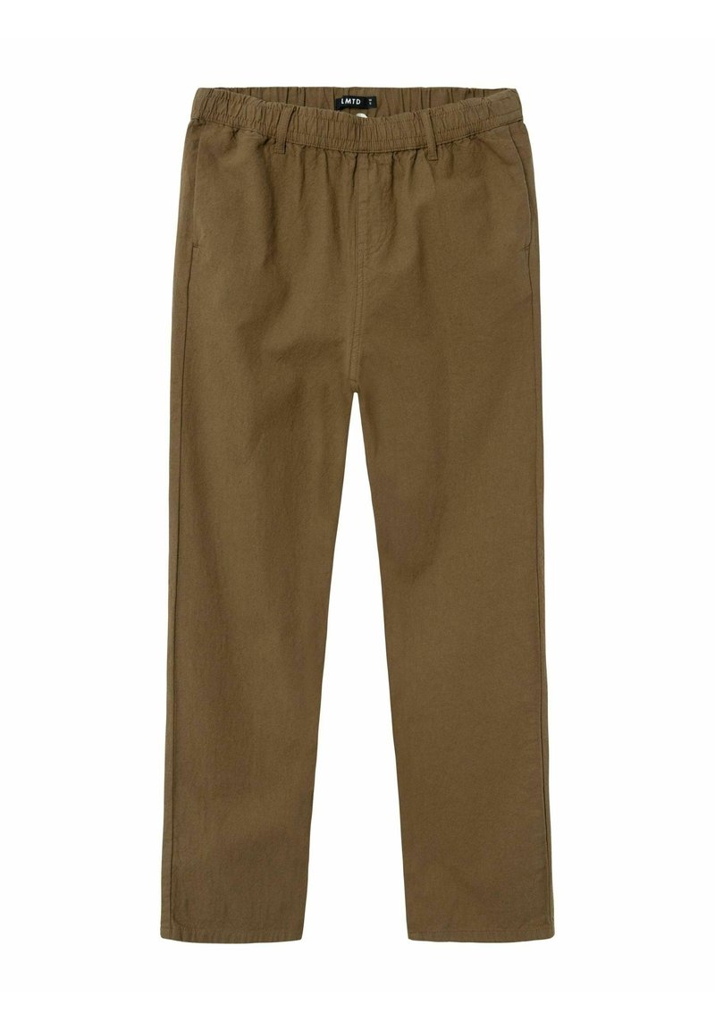 Bruine casual broek met elastische tailleband, riemlussen en zijzakken, weergegeven op een witte achtergrond.
