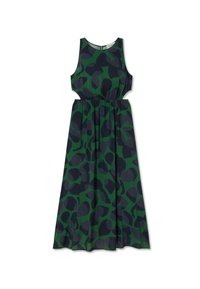 Abito verde e blu navy con un design senza maniche, vita elastica e motivo astratto. Realizzato in tessuto leggero, presenta un collo rotondo.