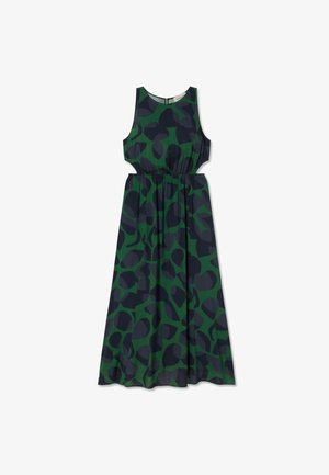 Robe verte et marine avec un design sans manches, taille élastique et motif abstrait. Fabriquée en tissu léger, avec un col rond.