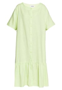 Vestito verde chiaro, a maniche corte, con bottoni e scollatura rotonda, con orlo arricciato.