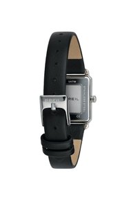 Sort læderrem ur med rektangulært rustfrit stålhus, sølv detaljer og en klar skærm med mærkenavn og vandafvisende detaljer.