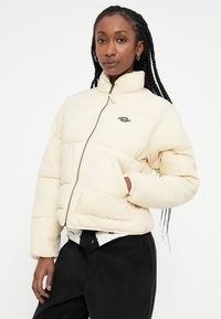 Giacca puffer crema con colletto alto, zip frontale e tasche laterali. Presenta un logo nero sul lato sinistro e un design trapuntato.