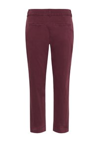 Maroon cotton trousers with a straight cut, two back pockets, and hemmed cuffs. Smooth texture, no visible patterns or hardware.
