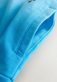 Sweatshirt bleu en tissu texturé, avec des poignets côtelés et un détail de couture latérale. Le design est simple avec des embellissements minimes.