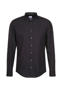 Camicia nera a maniche lunghe con colletto abbottonato, caratterizzata da una texture liscia del tessuto e bottoni lucidi sulla parte frontale. Orlo arrotondato.