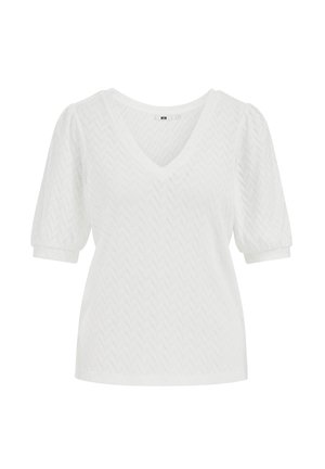 Valkoinen lyhythihainen neulepaita V-kauluksella ja hienovaraisella vinokuvioinnilla, jossa on puhvimaiset hihat ja istuvat hihansuut.