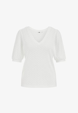 Bela kratka pletena majica s kratkimi rokavi in V-izrezom ter subtilnim vzorcem cik-cak, z napihnjenimi rokavi in oprijetimi manšetami.