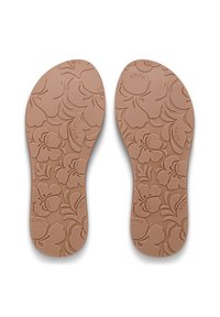 Semelle intérieure marron avec motif floral et logo "ROXY". Présente une surface texturée pour une meilleure adhérence, avec un design lisse et légèrement surélevé sur toute la surface.